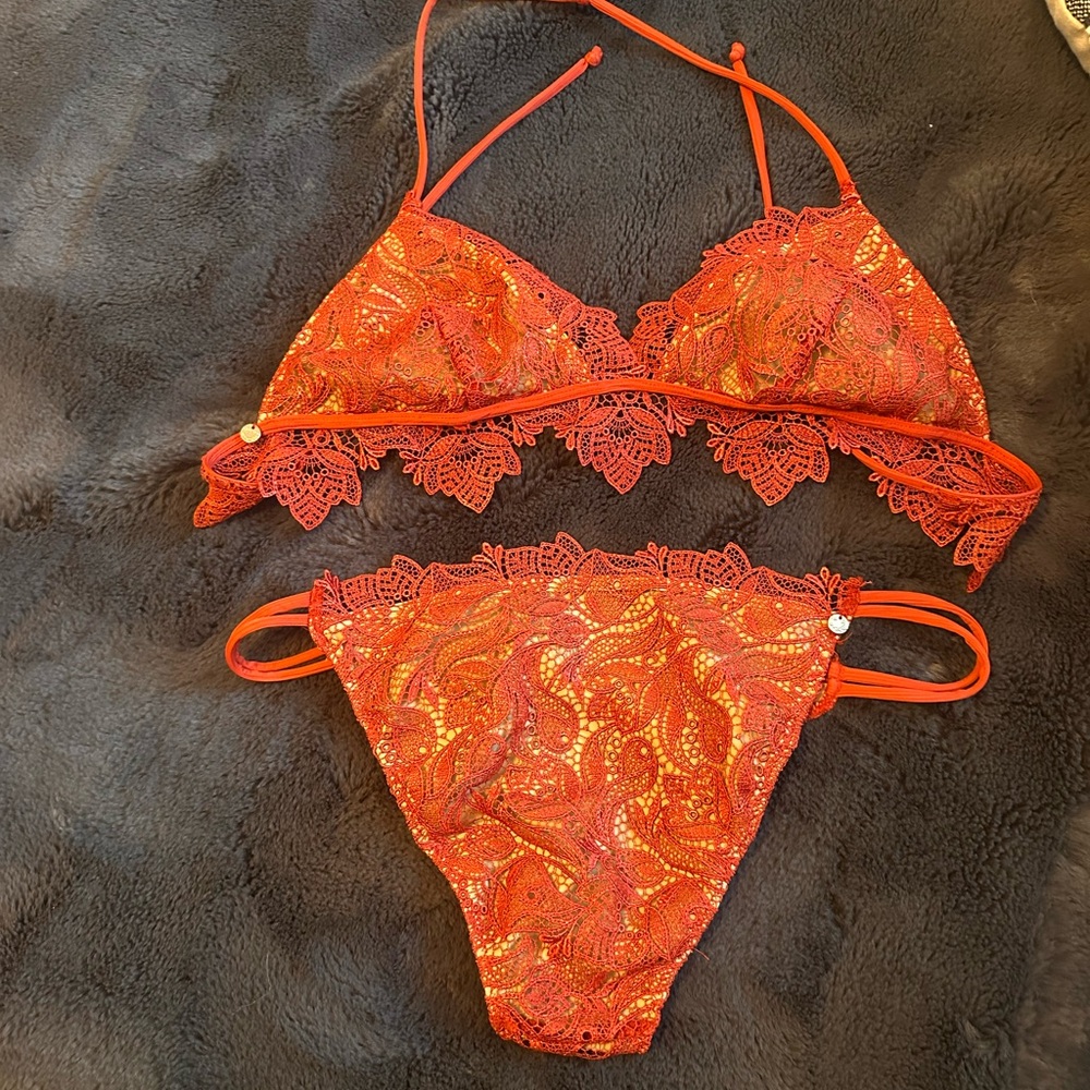 For Love & Lemons Orange Lace Triangle Bikini Set